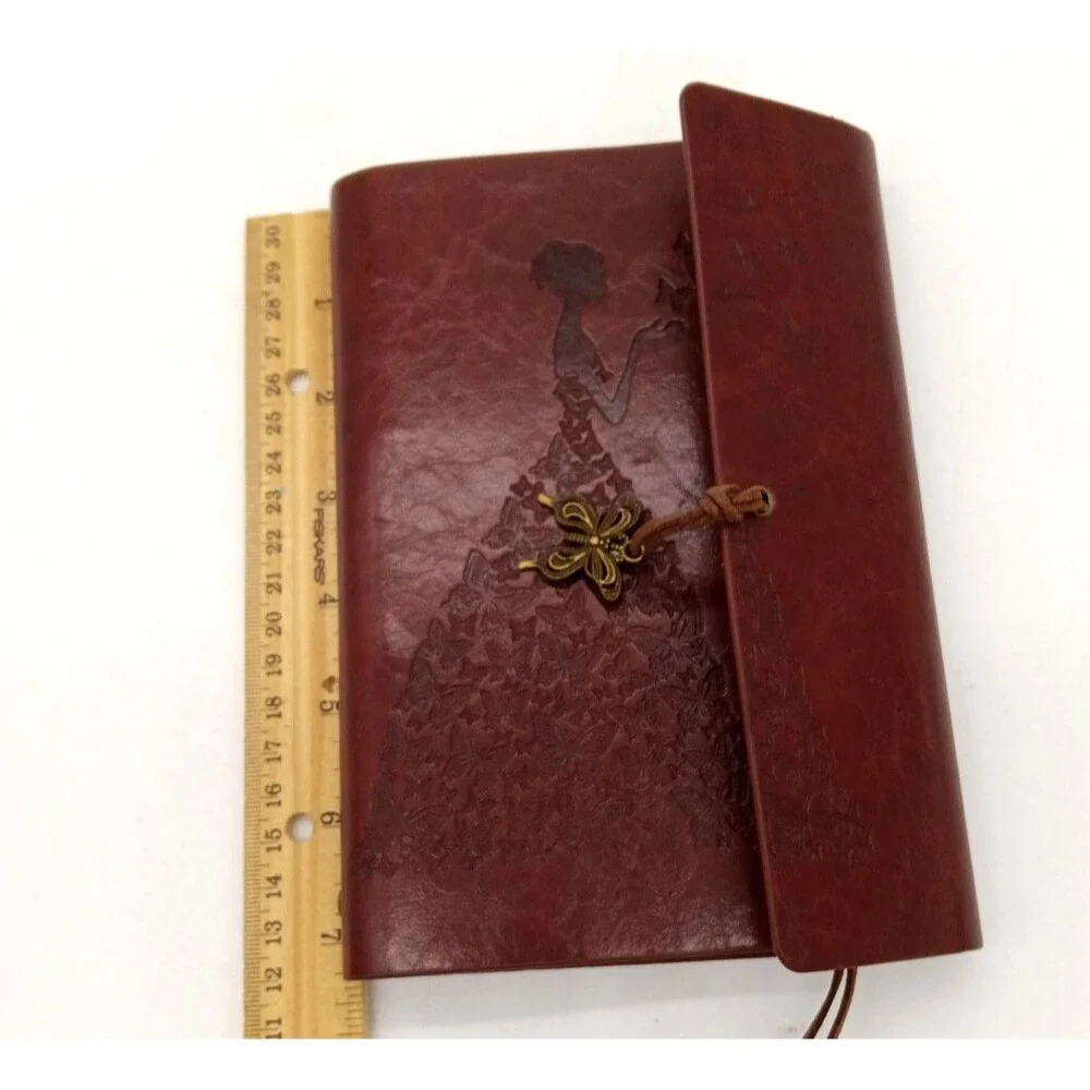 Vtg Burgundy PU Leather Embossed Girl/Butterfly Dress Refillable Journal  NWOT